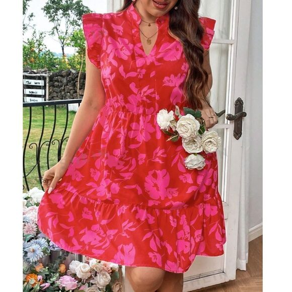 NEW SHEIN VCAY Plus Floral Print Notched Neck Ruffled Hem Sundress 18/3XL PINK - Picture 4 of 11